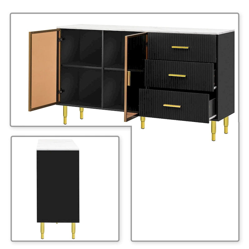 Buffet élégant en bois avec 2 portes en verre trempé ambre-jaune
