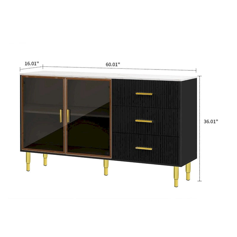 Buffet élégant en bois avec 2 portes en verre trempé ambre-jaune