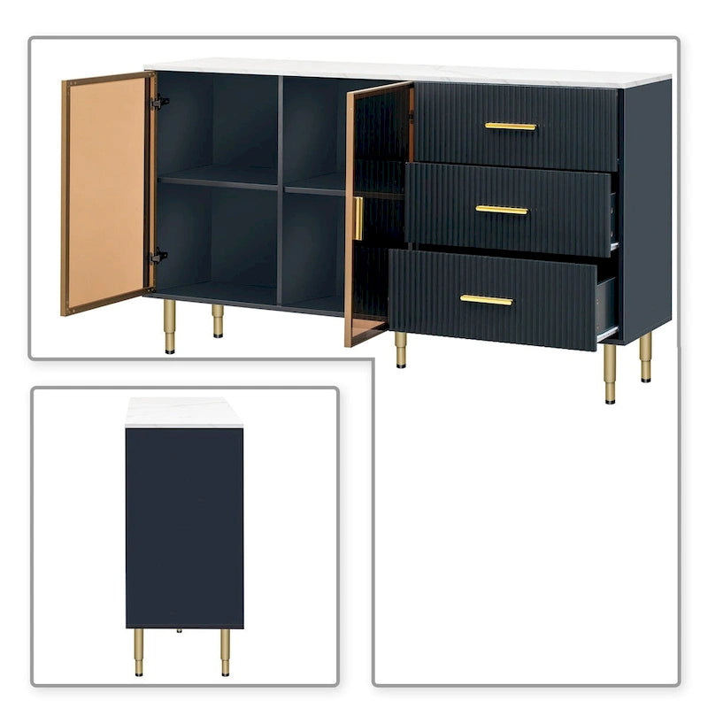 Buffet élégant en bois avec 2 portes en verre trempé ambre-jaune