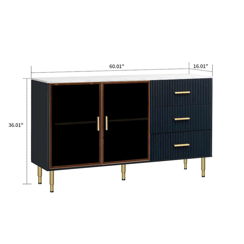 Buffet élégant en bois avec 2 portes en verre trempé ambre-jaune
