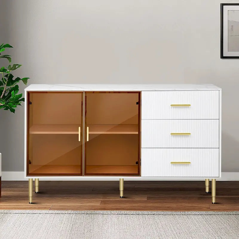 Buffet élégant en bois avec 2 portes en verre trempé ambre-jaune