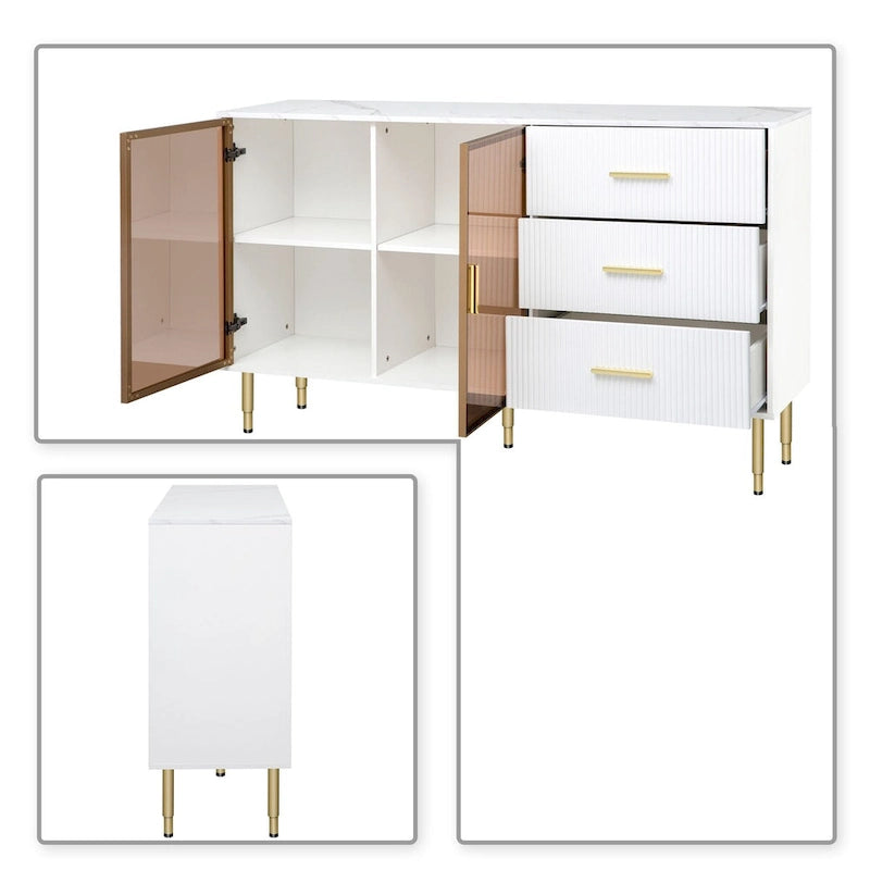 Buffet élégant en bois avec 2 portes en verre trempé ambre-jaune