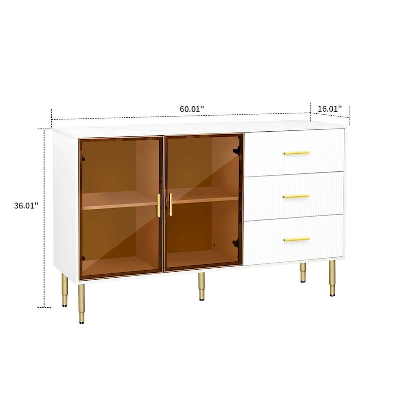 Buffet élégant en bois avec 2 portes en verre trempé ambre-jaune