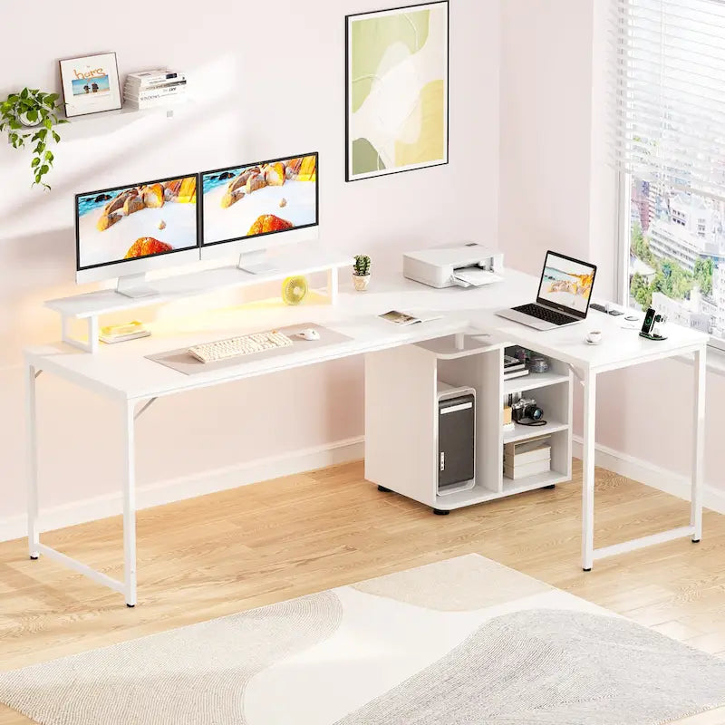 58.3 Bureau de jeu en L avec cube de rangement, table d'ordinateur de bureau avec ports USB et lumières LED