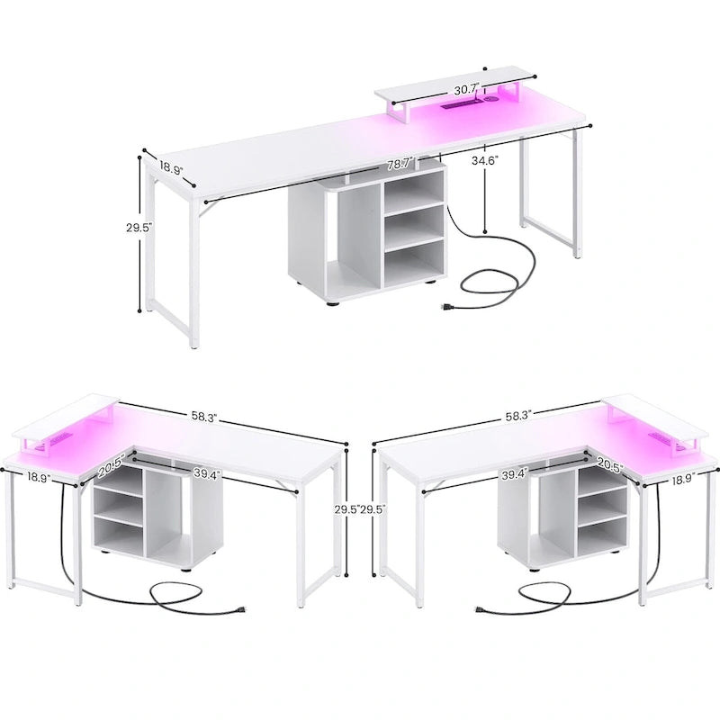 58.3 Bureau de jeu en L avec cube de rangement, table d'ordinateur de bureau avec ports USB et lumières LED