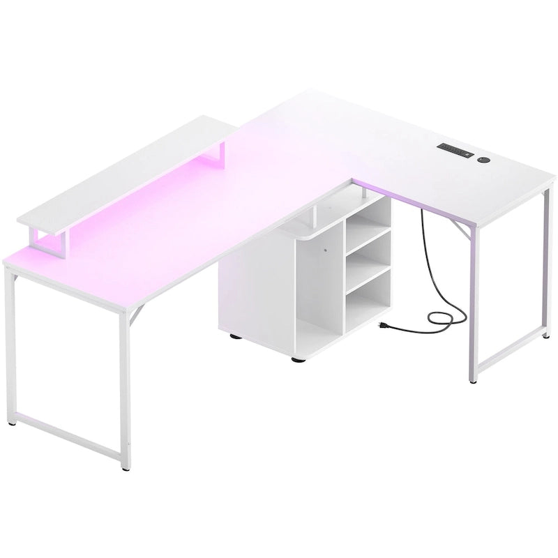 58.3 Bureau de jeu en L avec cube de rangement, table d'ordinateur de bureau avec ports USB et lumières LED