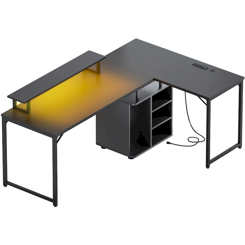 58.3 Bureau de jeu en L avec cube de rangement, table d'ordinateur de bureau avec ports USB et lumières LED
