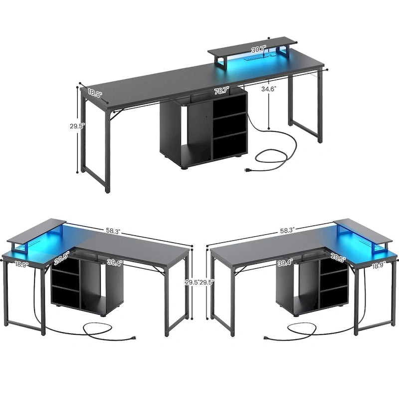 58.3 Bureau de jeu en L avec cube de rangement, table d'ordinateur de bureau avec ports USB et lumières LED