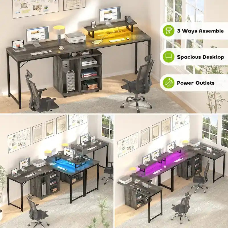 58.3 Bureau de jeu en L avec cube de rangement, table d'ordinateur de bureau avec ports USB et lumières LED