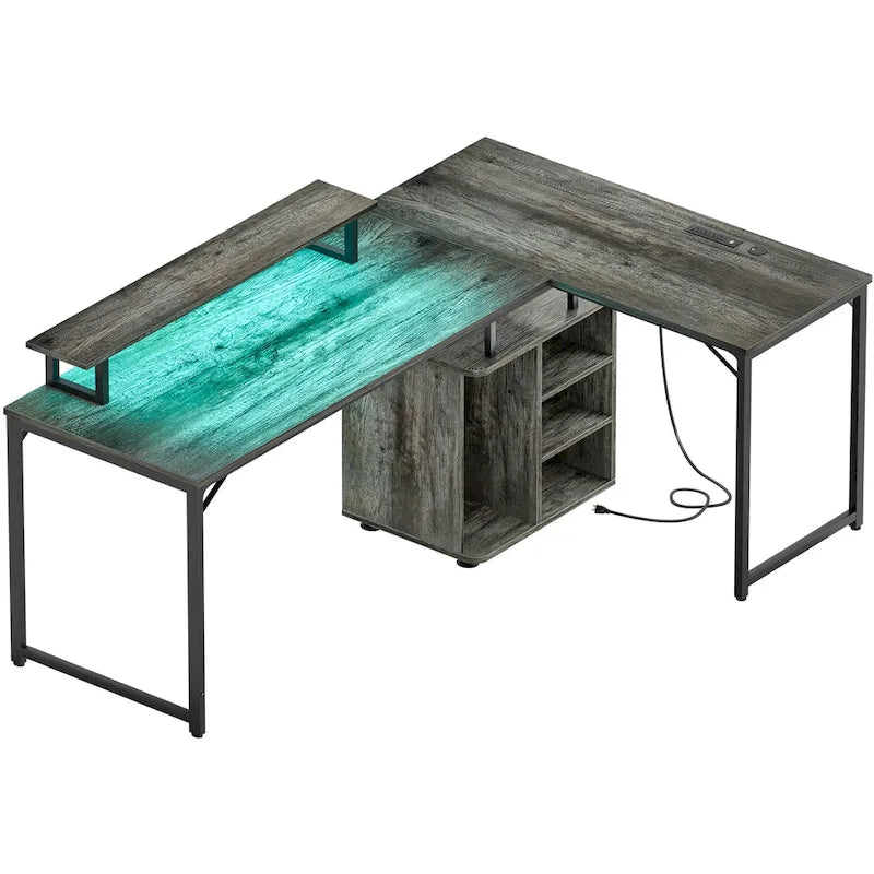 58.3 Bureau de jeu en L avec cube de rangement, table d'ordinateur de bureau avec ports USB et lumières LED