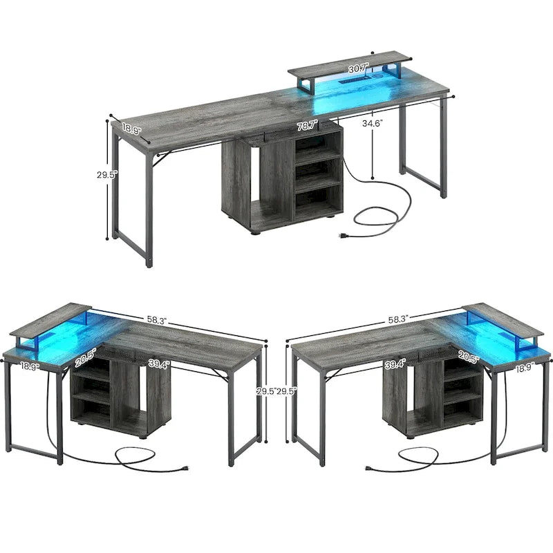 58.3 Bureau de jeu en L avec cube de rangement, table d'ordinateur de bureau avec ports USB et lumières LED