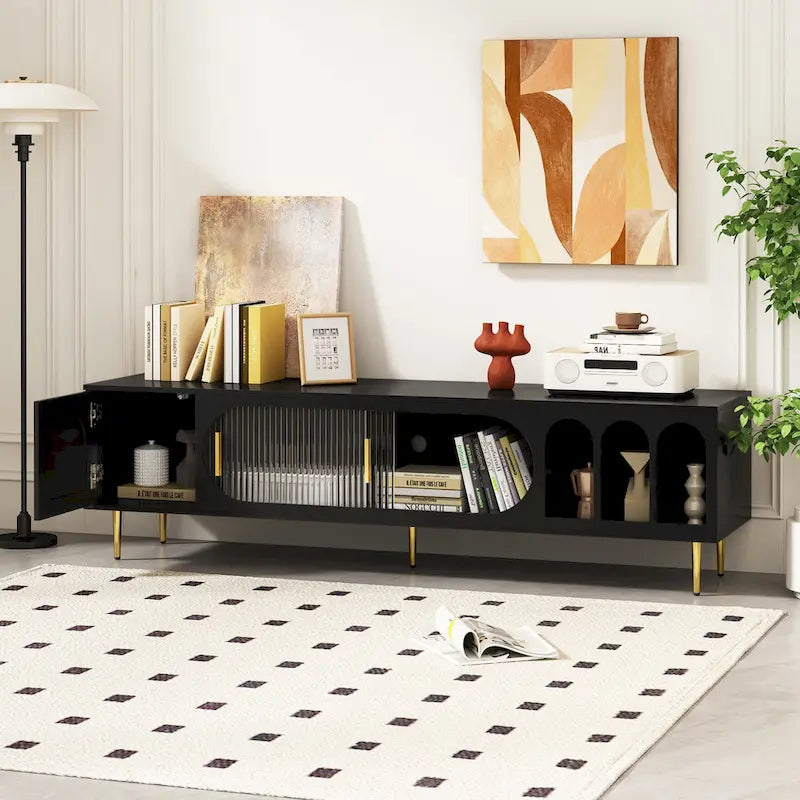 Meuble TV pour téléviseur de plus de 70 pouces, meuble TV console multimédia, avec 3 étagères et 2 placards